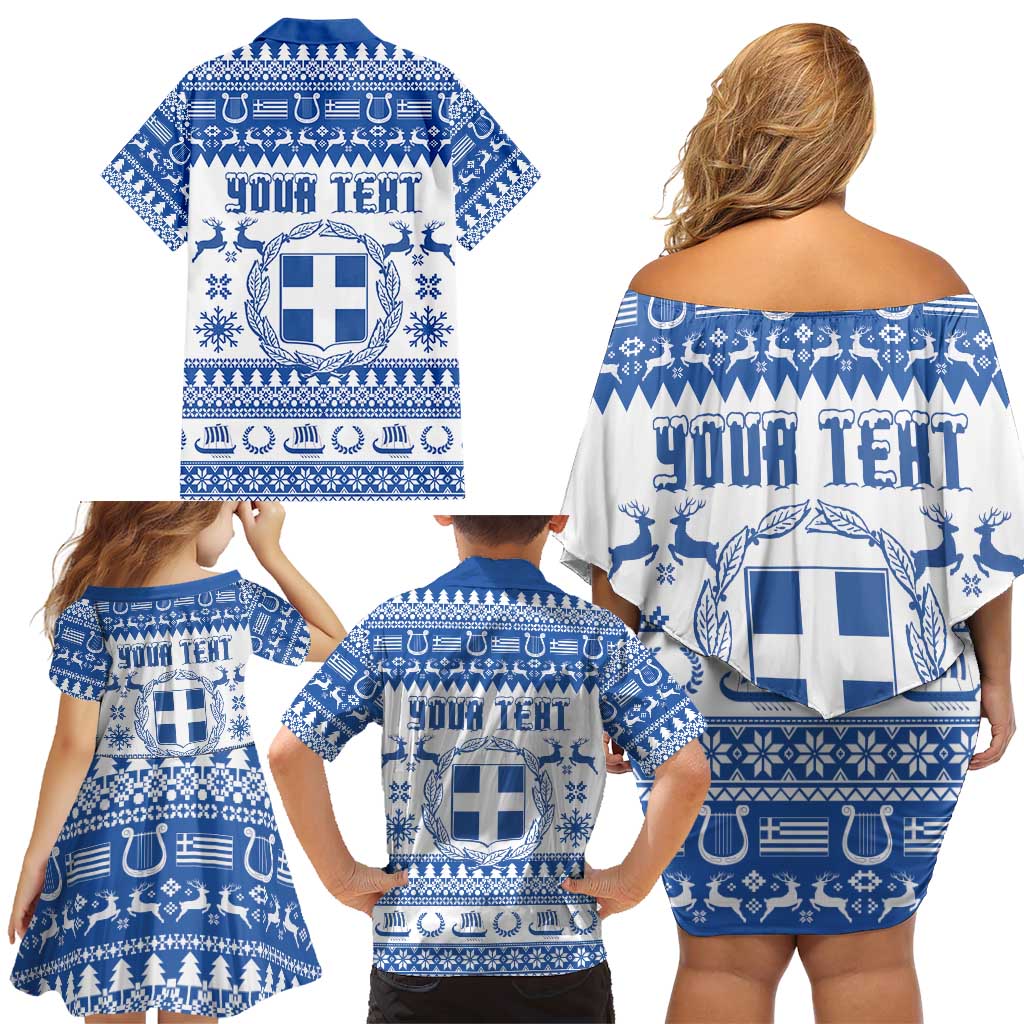 Personalized Christmas Greece Coat Of Arms Family Matching Off Shoulder Short Dress and Hawaiian Shirt Hellas Kala Christougena - Wonder Print Shop