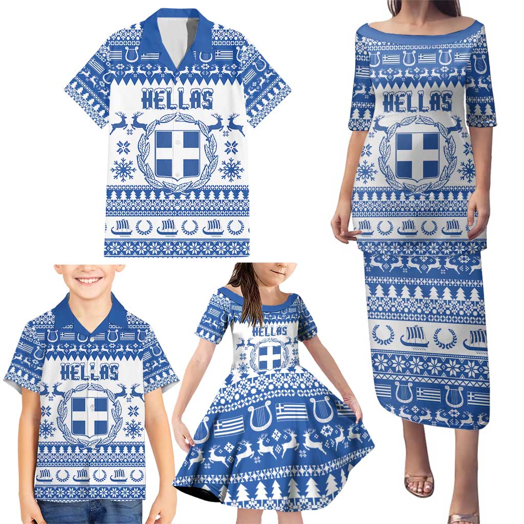 Personalized Christmas Greece Coat Of Arms Family Matching Puletasi and Hawaiian Shirt Hellas Kala Christougena - Wonder Print Shop