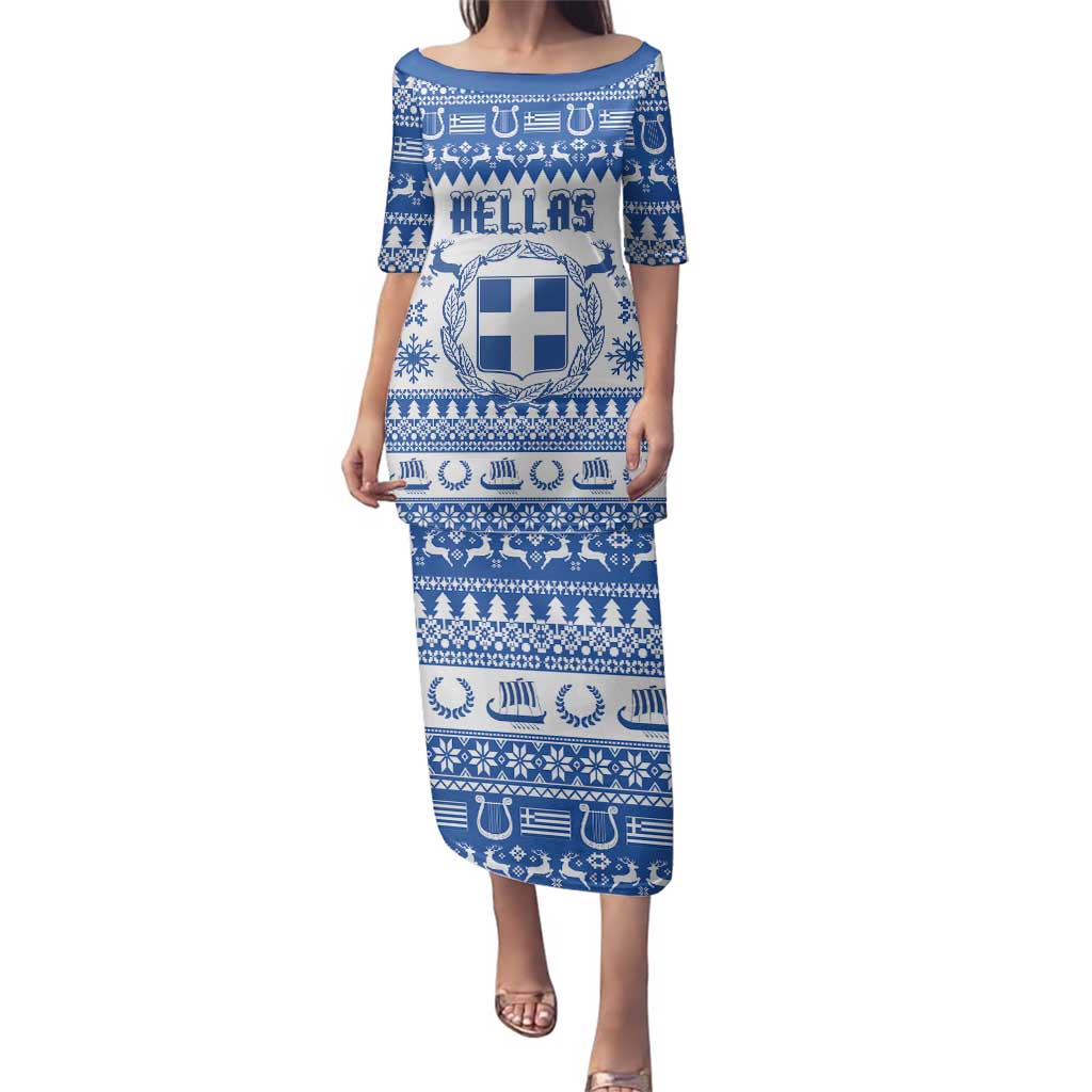 Personalized Christmas Greece Coat Of Arms Family Matching Puletasi and Hawaiian Shirt Hellas Kala Christougena - Wonder Print Shop