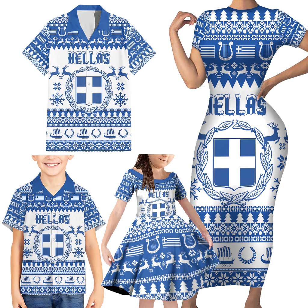 Personalized Christmas Greece Coat Of Arms Family Matching Short Sleeve Bodycon Dress and Hawaiian Shirt Hellas Kala Christougena - Wonder Print Shop