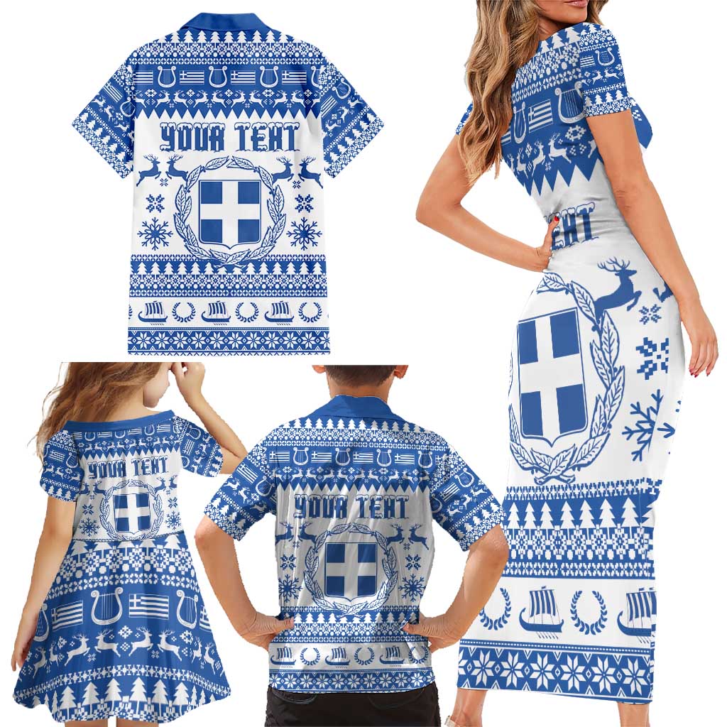 Personalized Christmas Greece Coat Of Arms Family Matching Short Sleeve Bodycon Dress and Hawaiian Shirt Hellas Kala Christougena - Wonder Print Shop