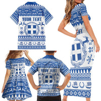 Personalized Christmas Greece Coat Of Arms Family Matching Short Sleeve Bodycon Dress and Hawaiian Shirt Hellas Kala Christougena - Wonder Print Shop