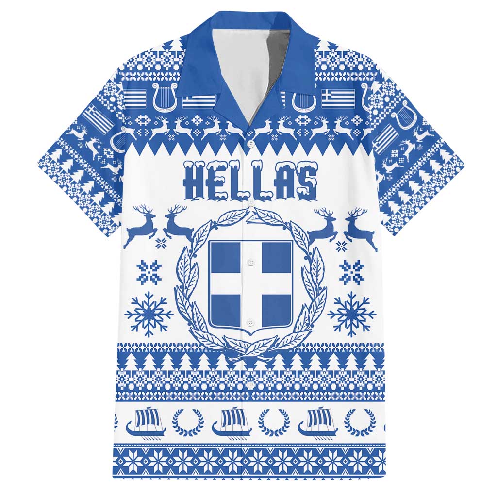 Personalized Christmas Greece Coat Of Arms Family Matching Short Sleeve Bodycon Dress and Hawaiian Shirt Hellas Kala Christougena - Wonder Print Shop