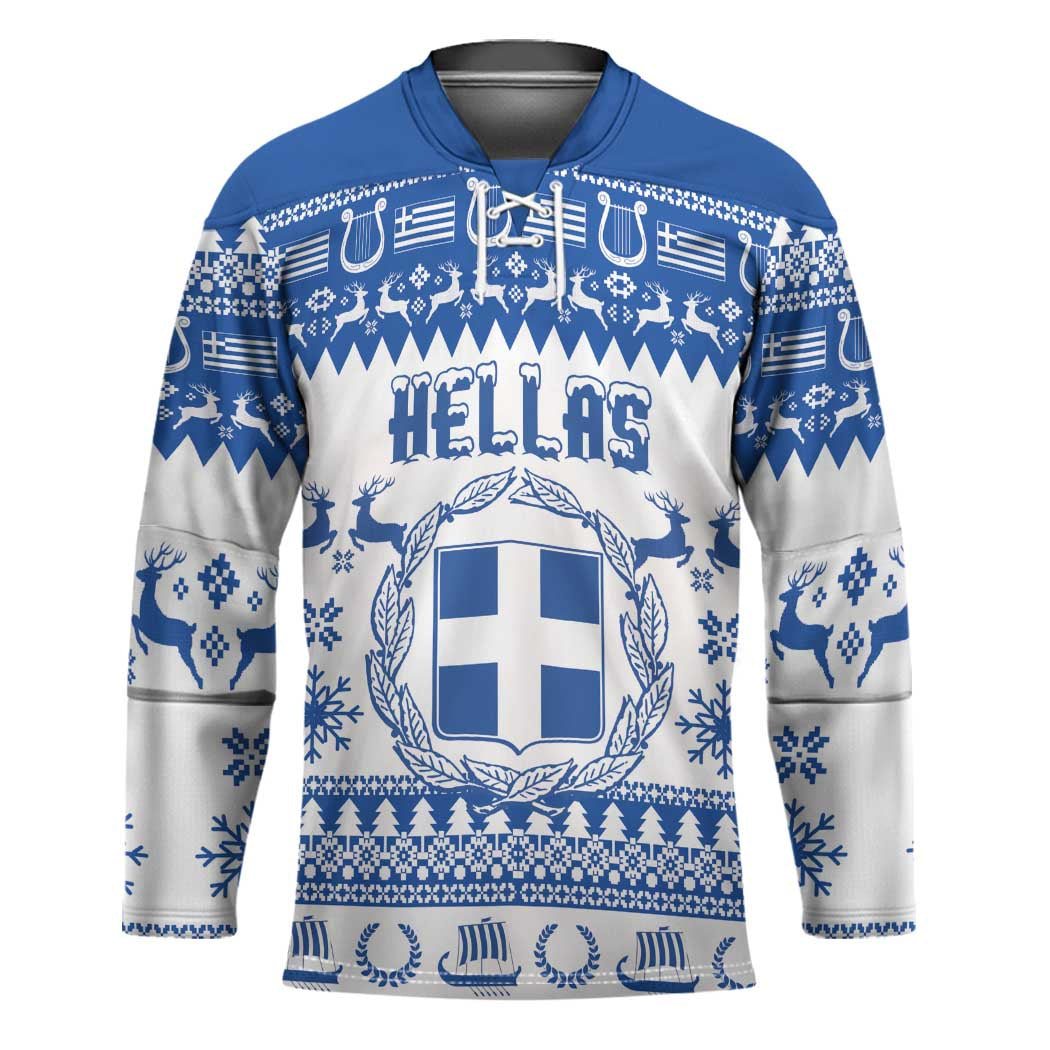Personalized Christmas Greece Coat Of Arms Hockey Jersey Hellas Kala Christougena - Wonder Print Shop