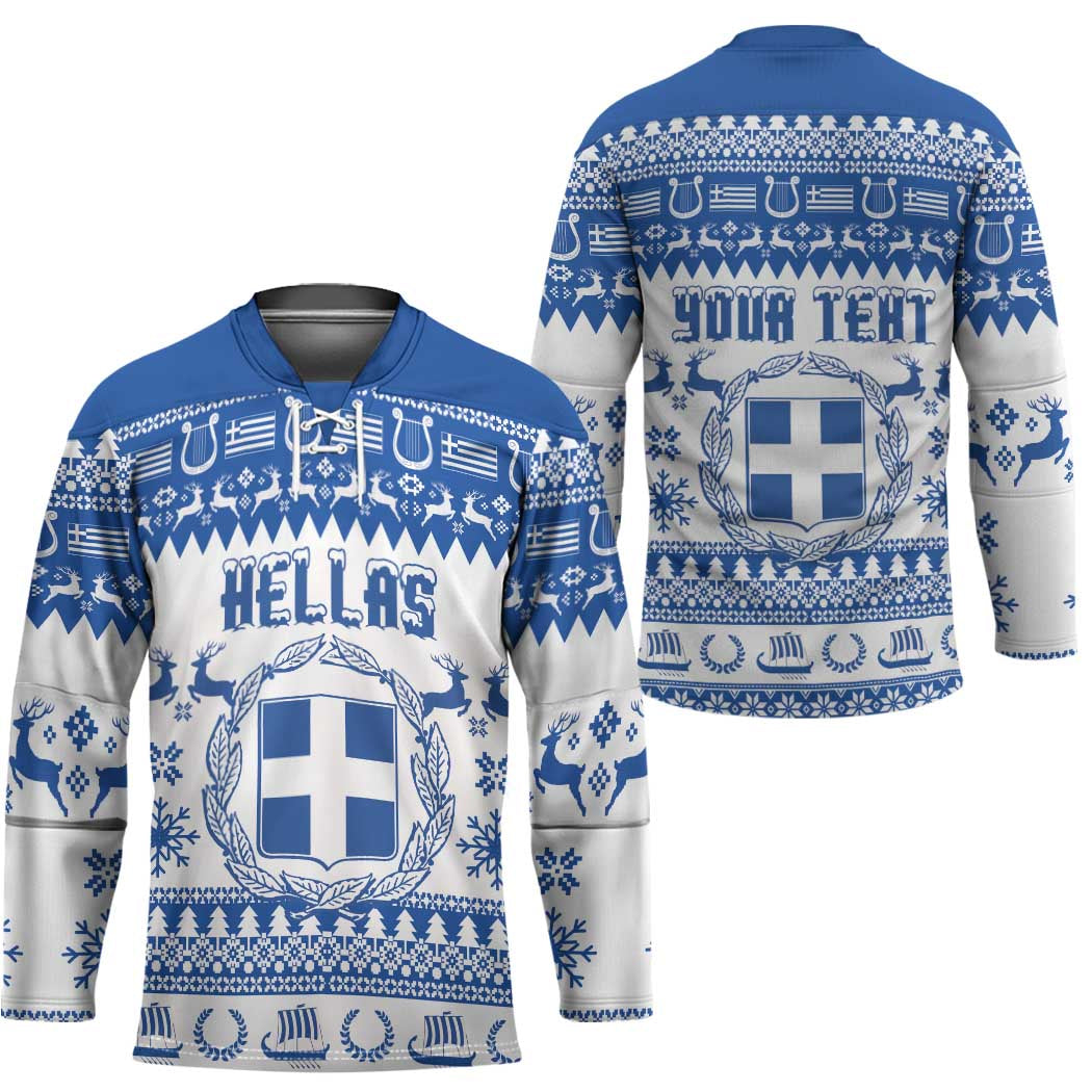 Personalized Christmas Greece Coat Of Arms Hockey Jersey Hellas Kala Christougena - Wonder Print Shop