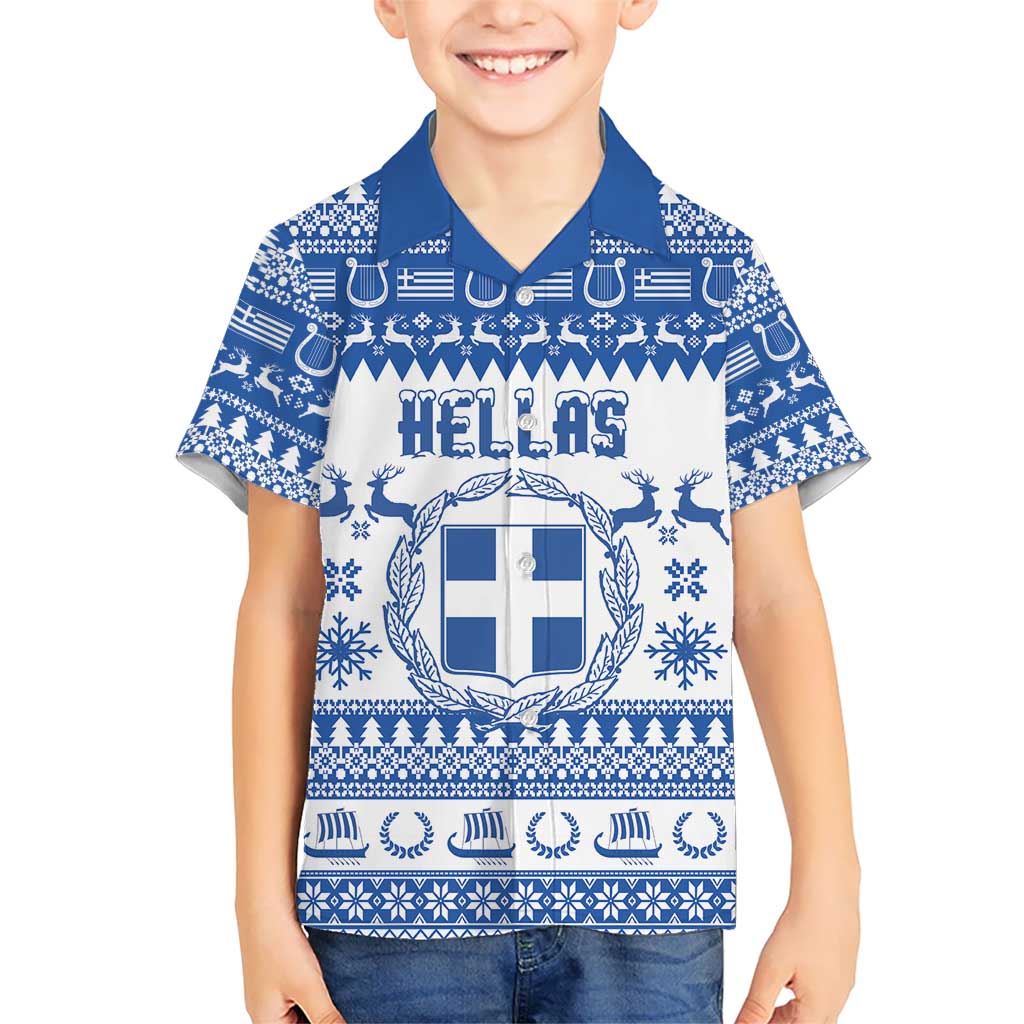 Personalized Christmas Greece Coat Of Arms Kid Hawaiian Shirt Hellas Kala Christougena - Wonder Print Shop