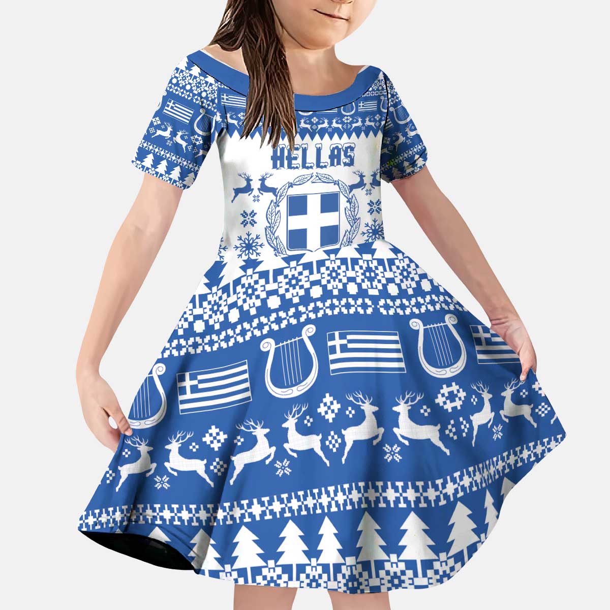 Personalized Christmas Greece Coat Of Arms Kid Short Sleeve Dress Hellas Kala Christougena - Wonder Print Shop