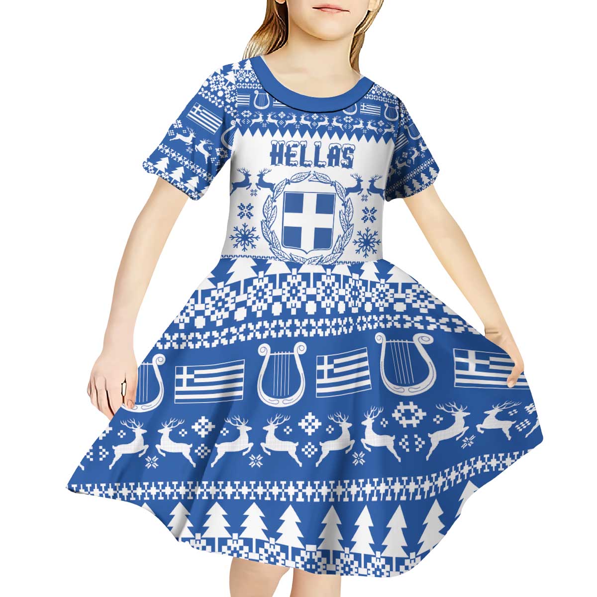 Personalized Christmas Greece Coat Of Arms Kid Short Sleeve Dress Hellas Kala Christougena - Wonder Print Shop