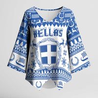 Personalized Christmas Greece Coat Of Arms Kimono Sleeve Blouse Hellas Kala Christougena - Wonder Print Shop
