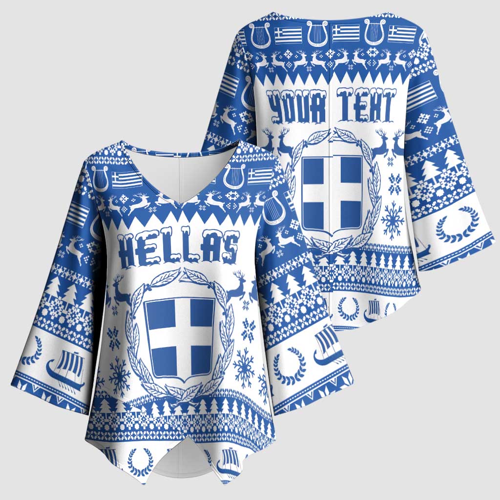 Personalized Christmas Greece Coat Of Arms Kimono Sleeve Blouse Hellas Kala Christougena - Wonder Print Shop