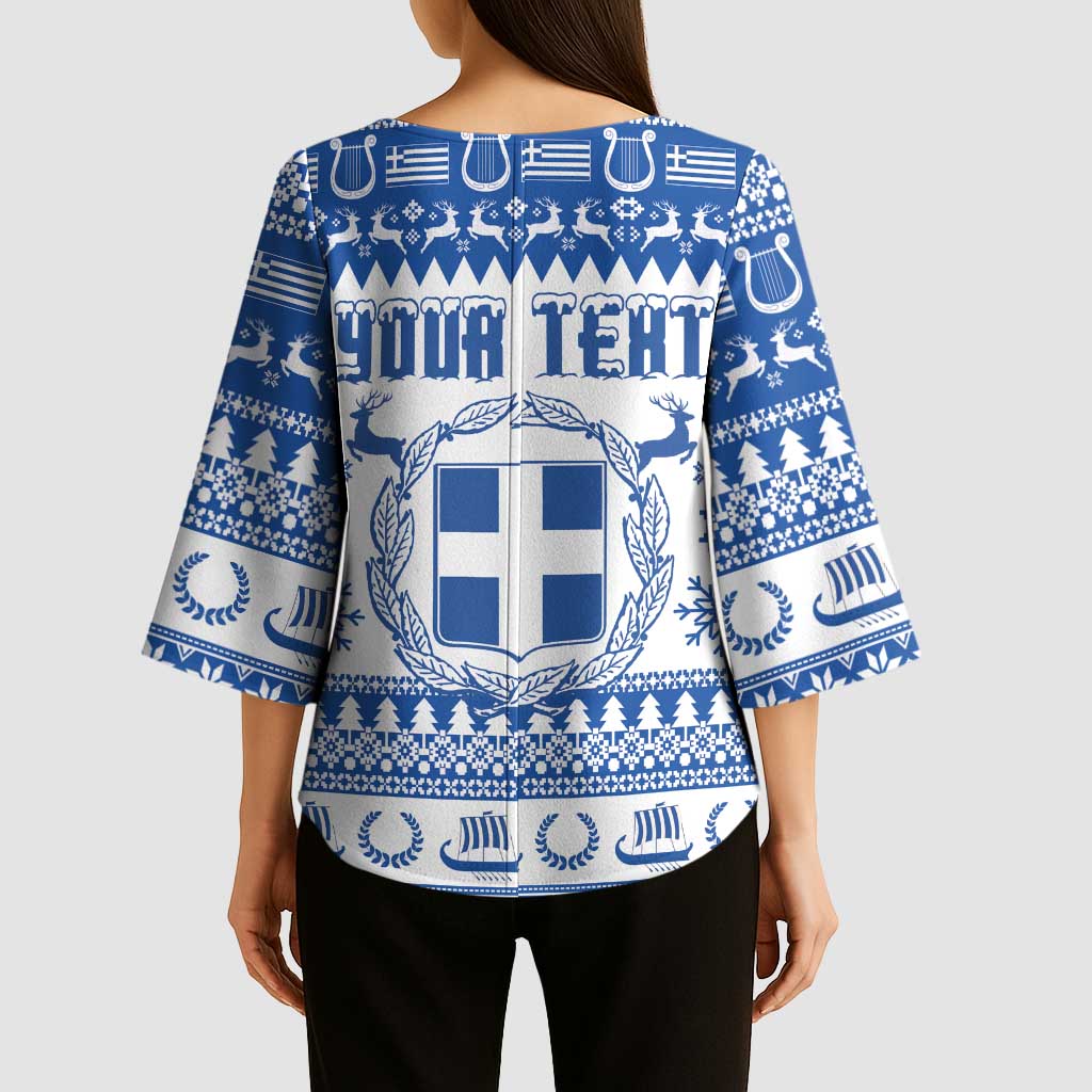 Personalized Christmas Greece Coat Of Arms Kimono Sleeve Blouse Hellas Kala Christougena - Wonder Print Shop