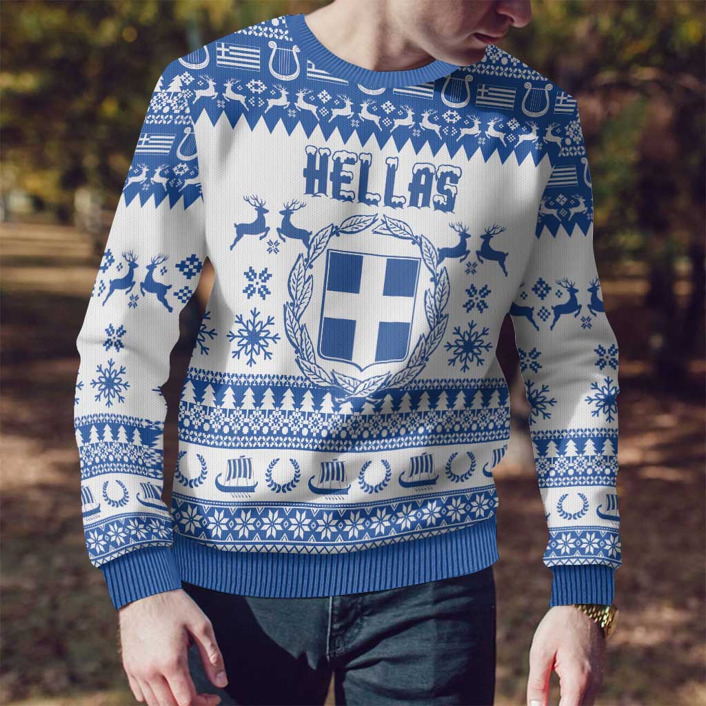 Personalized Christmas Greece Coat Of Arms Ugly Christmas Sweater Hellas Kala Christougena - Wonder Print Shop