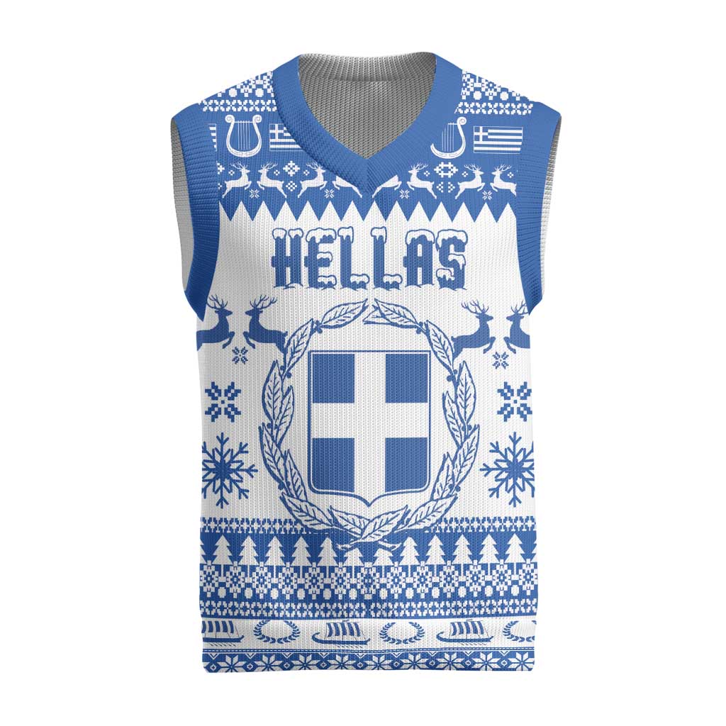 Personalized Christmas Greece Coat Of Arms Christmas Knitted V-Neck Vest Hellas Kala Christougena - Wonder Print Shop