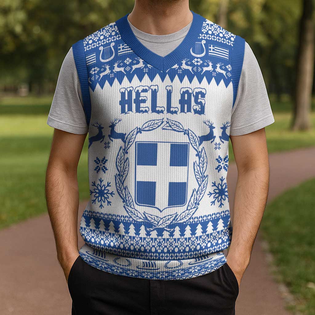 Personalized Christmas Greece Coat Of Arms Christmas Knitted V-Neck Vest Hellas Kala Christougena - Wonder Print Shop