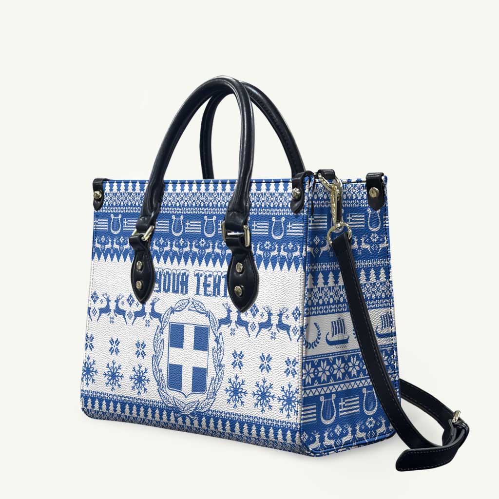 Personalized Christmas Greece Coat Of Arms Leather Bag Hellas Kala Christougena - Wonder Print Shop