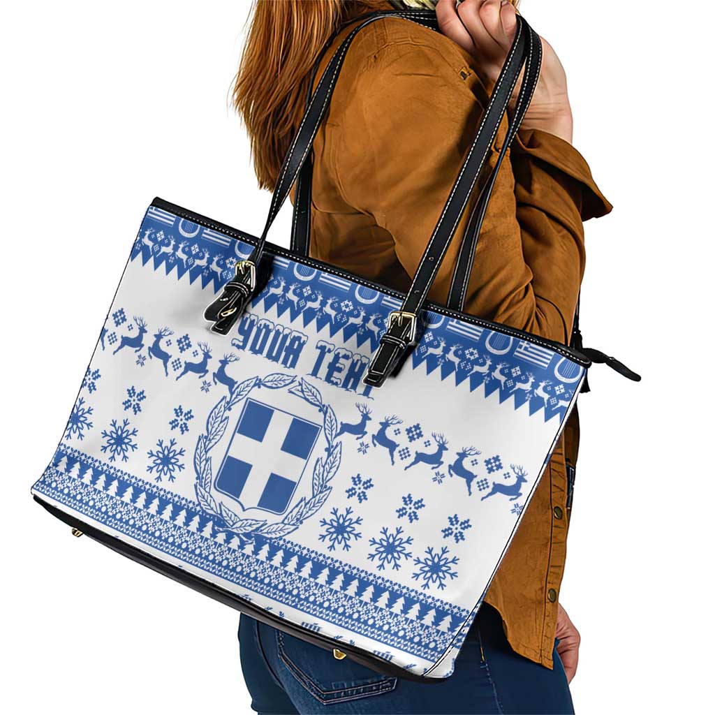 Personalized Christmas Greece Coat Of Arms Leather Tote Bag Hellas Kala Christougena - Wonder Print Shop