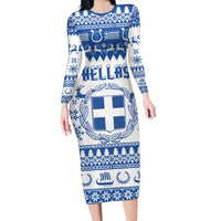 Personalized Christmas Greece Coat Of Arms Long Sleeve Bodycon Dress Hellas Kala Christougena - Wonder Print Shop