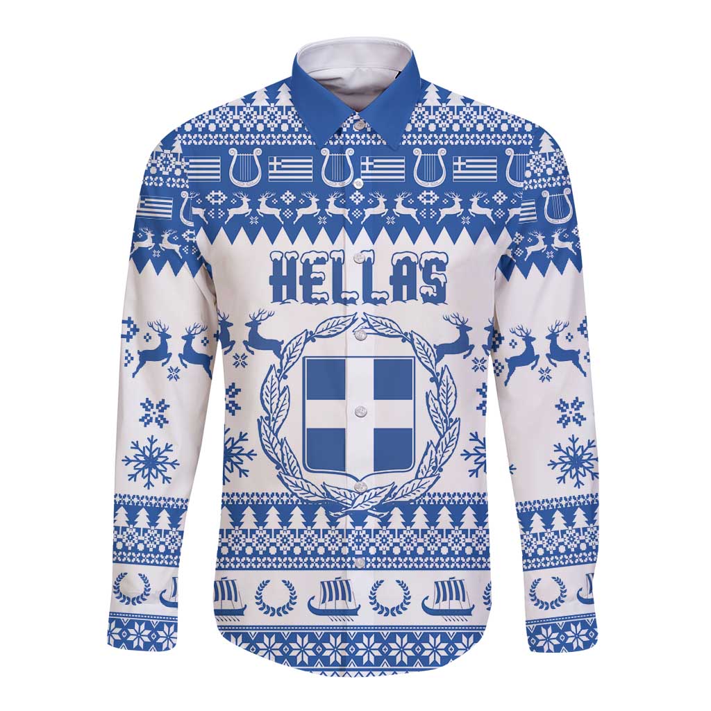 Personalized Christmas Greece Coat Of Arms Long Sleeve Button Shirt Hellas Kala Christougena - Wonder Print Shop