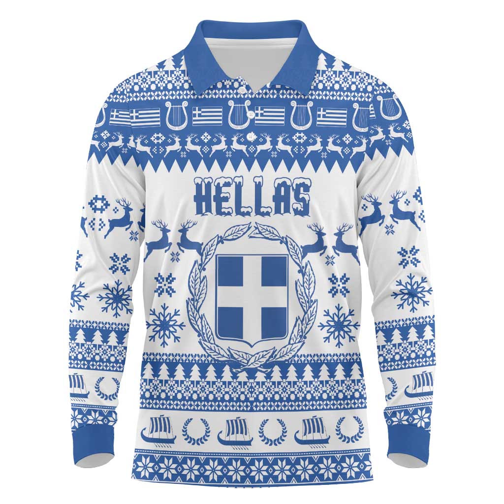 Personalized Christmas Greece Coat Of Arms Long Sleeve Polo Shirt Hellas Kala Christougena - Wonder Print Shop