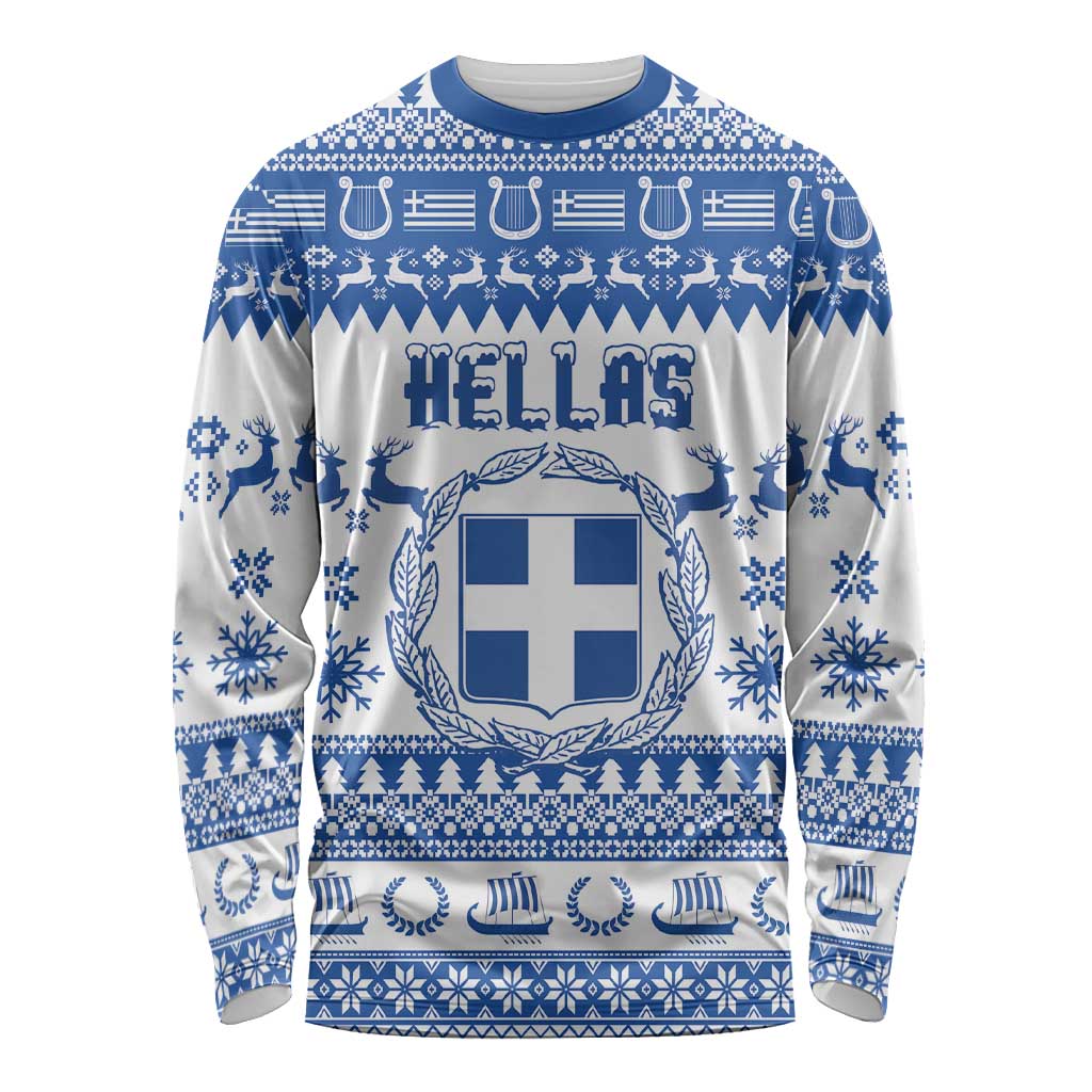 Personalized Christmas Greece Coat Of Arms Long Sleeve Shirt Hellas Kala Christougena - Wonder Print Shop