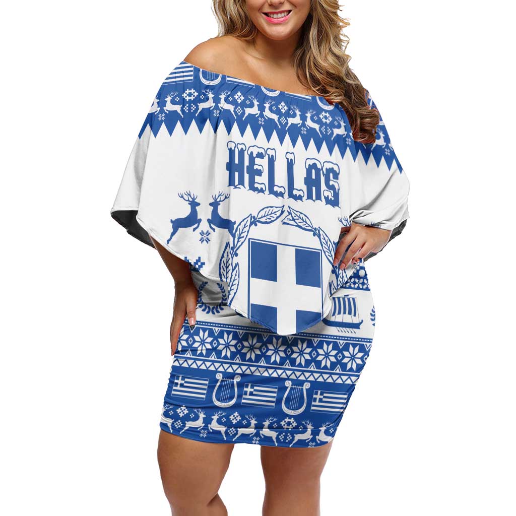Personalized Christmas Greece Coat Of Arms Off Shoulder Short Dress Hellas Kala Christougena - Wonder Print Shop