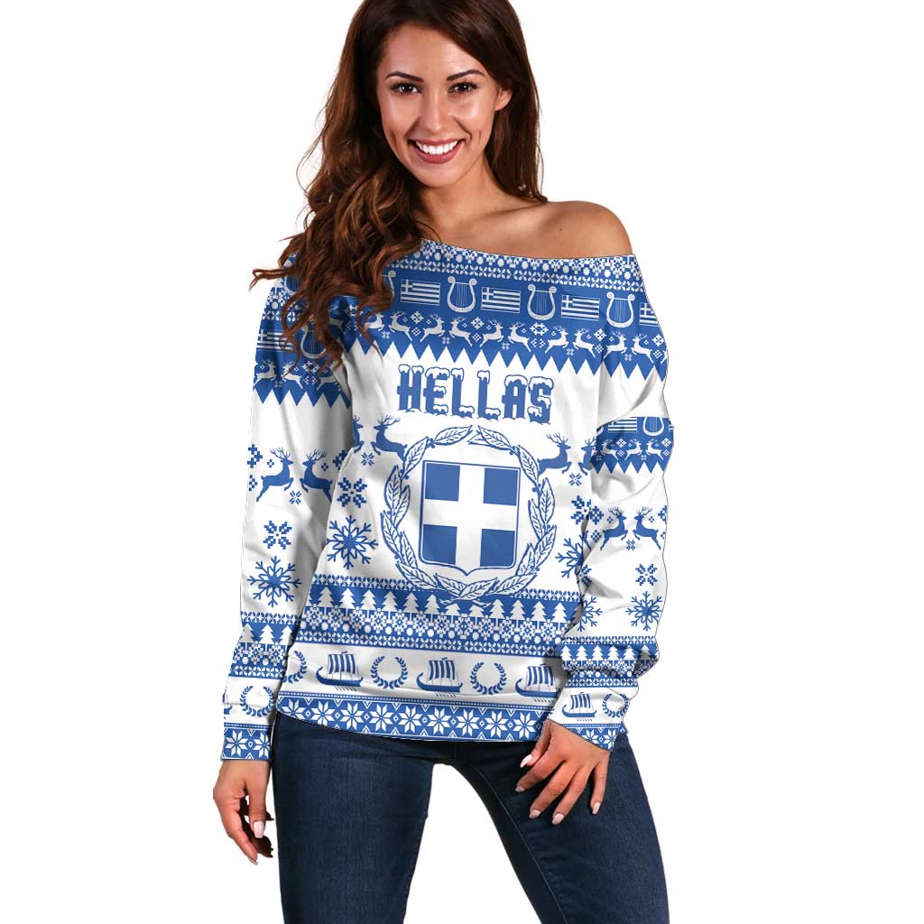 Personalized Christmas Greece Coat Of Arms Off Shoulder Sweater Hellas Kala Christougena - Wonder Print Shop