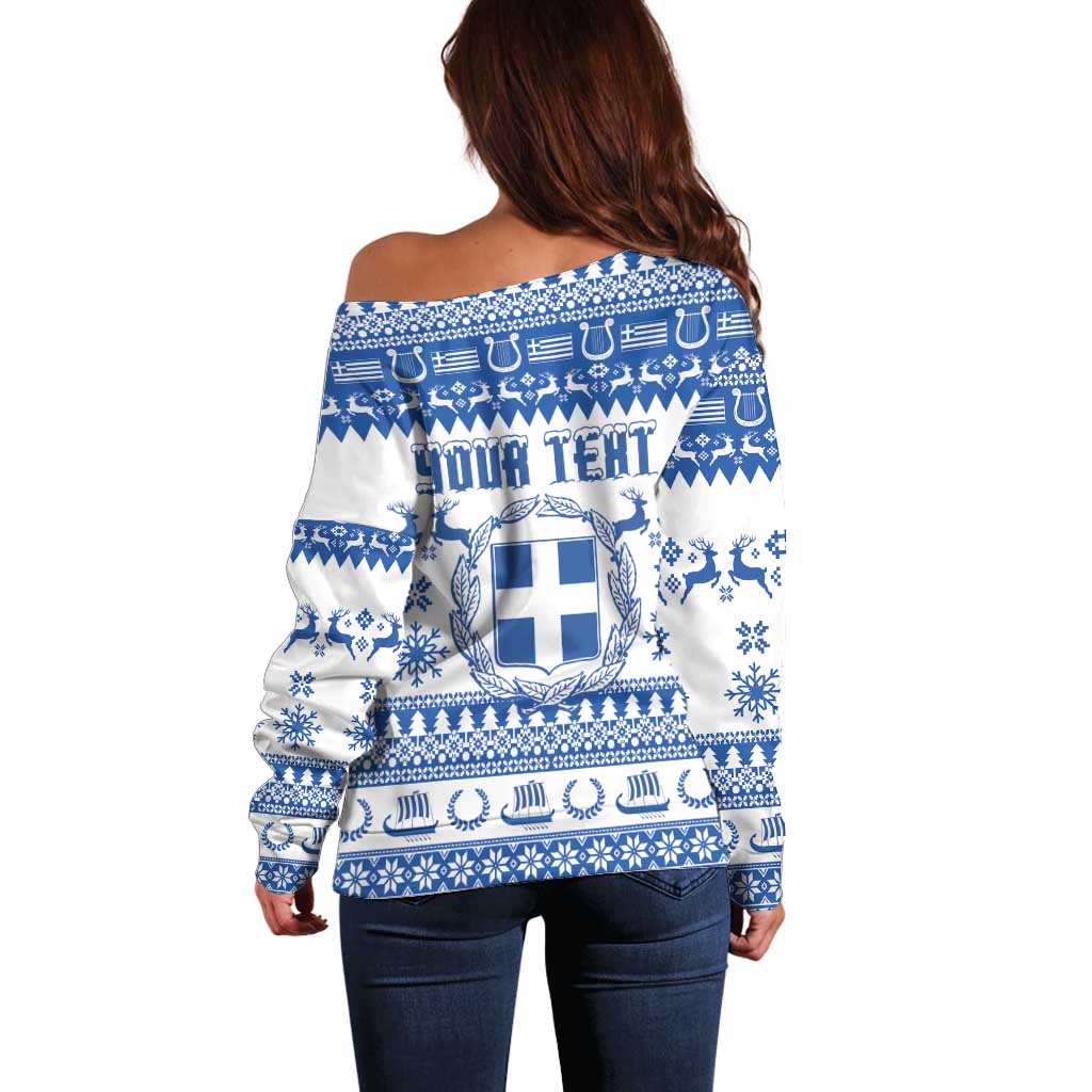 Personalized Christmas Greece Coat Of Arms Off Shoulder Sweater Hellas Kala Christougena - Wonder Print Shop