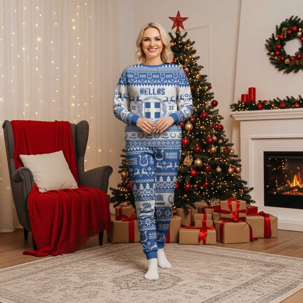 Personalized Christmas Greece Coat Of Arms Christmas Pajama Set Hellas Kala Christougena - Wonder Print Shop
