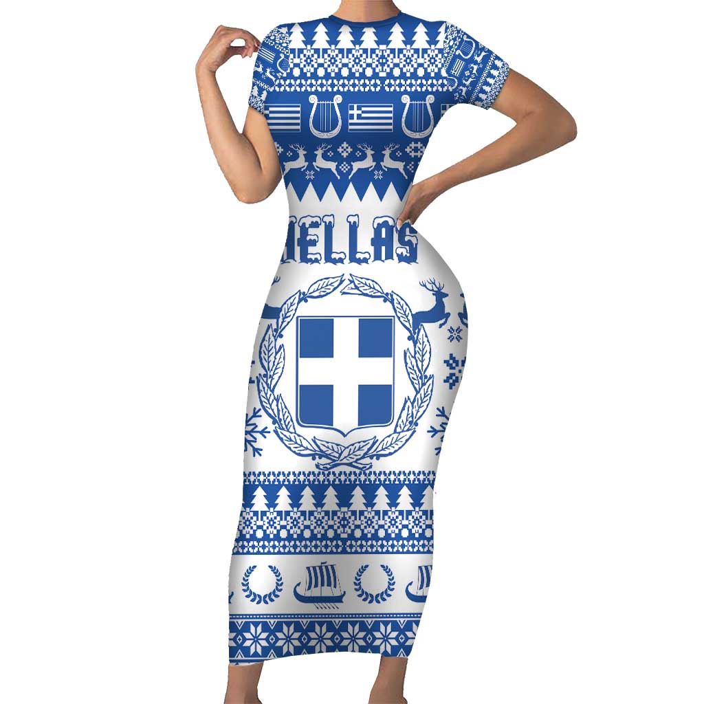 Personalized Christmas Greece Coat Of Arms Short Sleeve Bodycon Dress Hellas Kala Christougena - Wonder Print Shop
