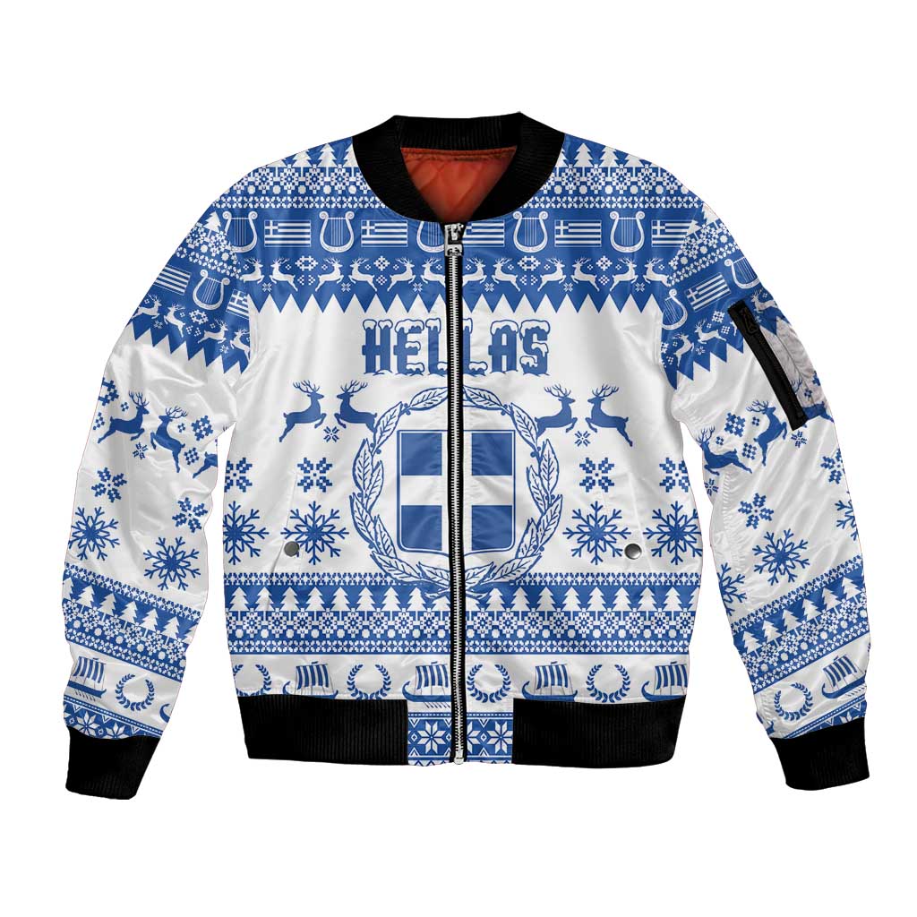 Personalized Christmas Greece Coat Of Arms Sleeve Zip Bomber Jacket Hellas Kala Christougena - Wonder Print Shop