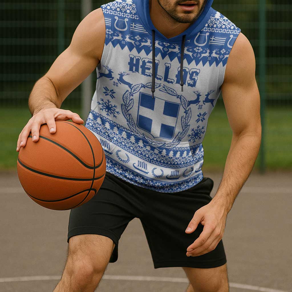 Personalized Christmas Greece Coat Of Arms Sleeveless Hoodie Hellas Kala Christougena - Wonder Print Shop