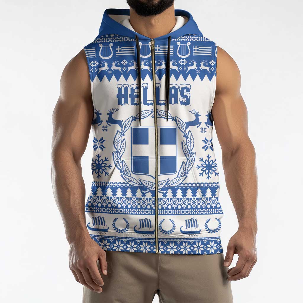 Personalized Christmas Greece Coat Of Arms Sleeveless Zip Hoodie Hellas Kala Christougena - Wonder Print Shop