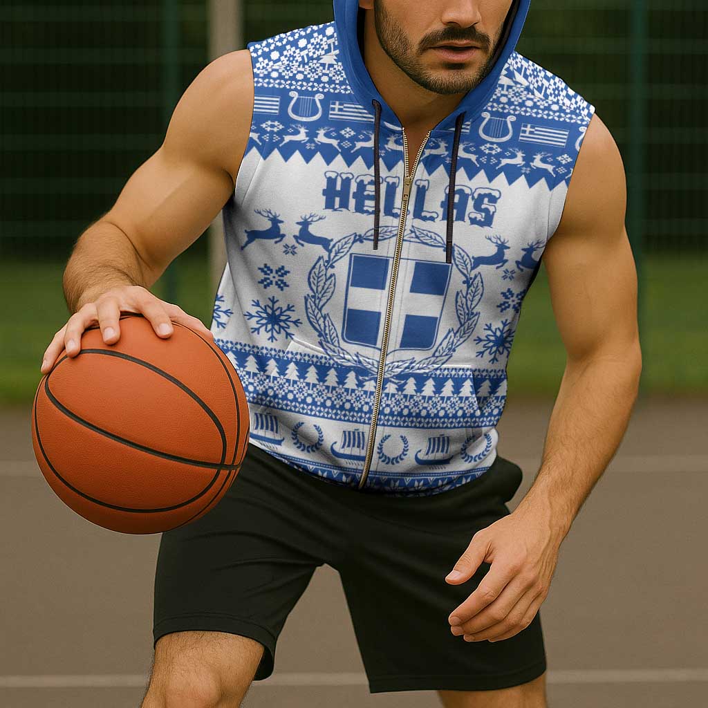 Personalized Christmas Greece Coat Of Arms Sleeveless Zip Hoodie Hellas Kala Christougena - Wonder Print Shop