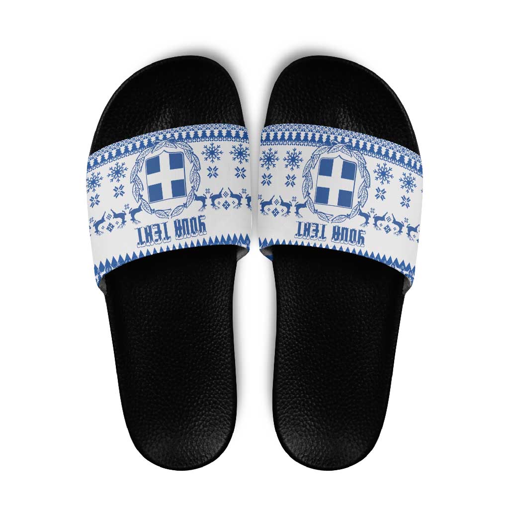 Personalized Christmas Greece Coat Of Arms Slide Sandals Hellas Kala Christougena - Wonder Print Shop