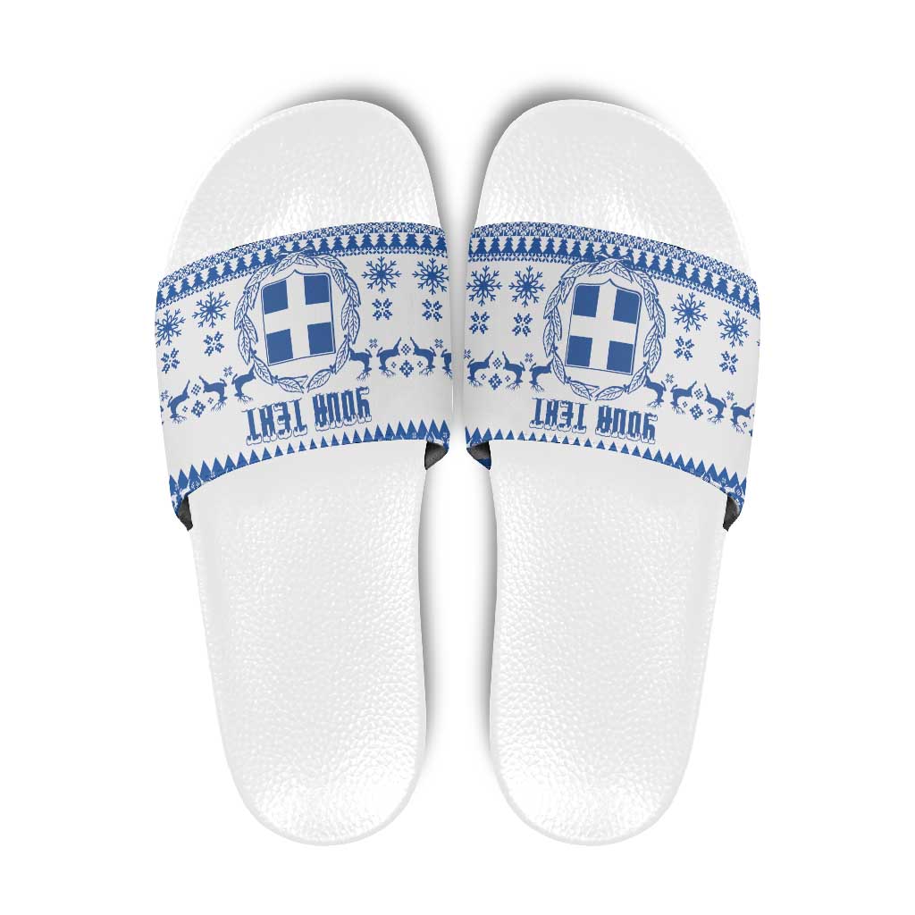 Personalized Christmas Greece Coat Of Arms Slide Sandals Hellas Kala Christougena - Wonder Print Shop