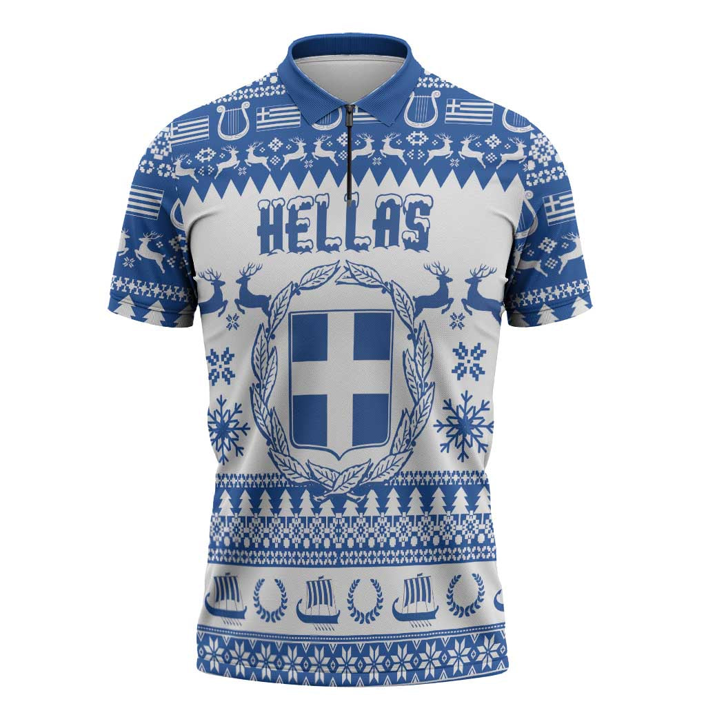 Personalized Christmas Greece Coat Of Arms Zipper Polo Shirt Hellas Kala Christougena - Wonder Print Shop