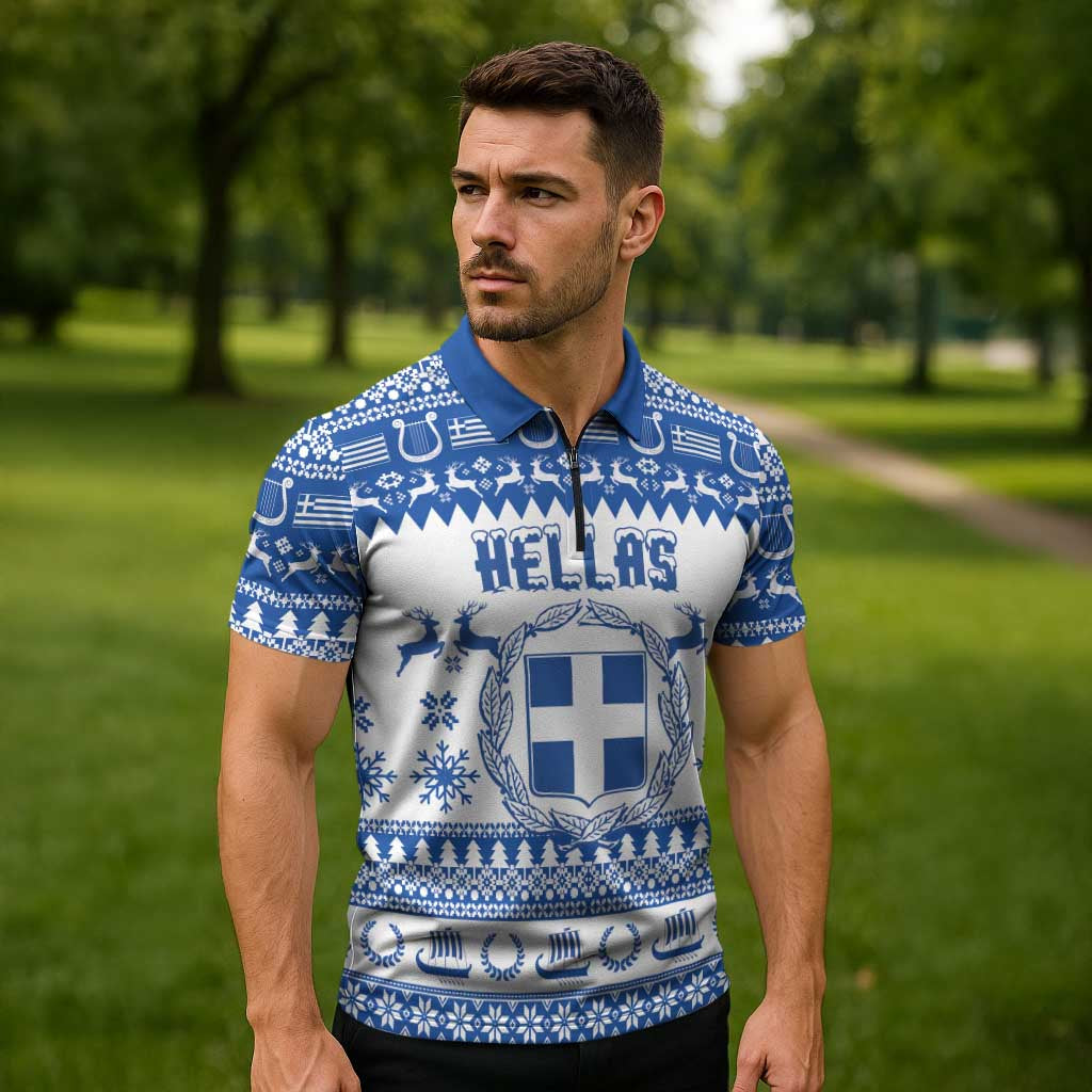 Personalized Christmas Greece Coat Of Arms Zipper Polo Shirt Hellas Kala Christougena - Wonder Print Shop