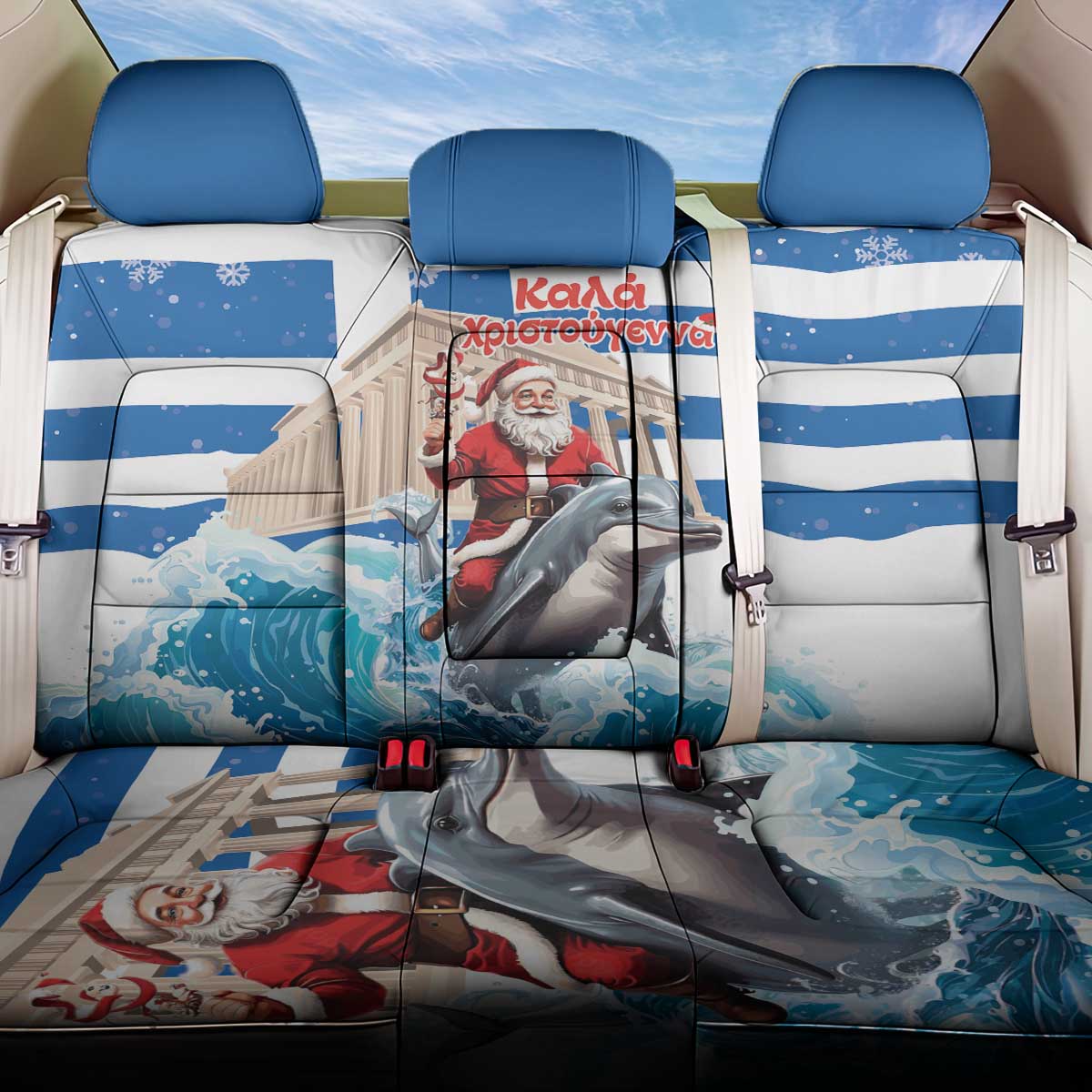 Greece Christmas Back Car Seat Cover Santa Claus Riding Dolphin - Wonder Print Shop