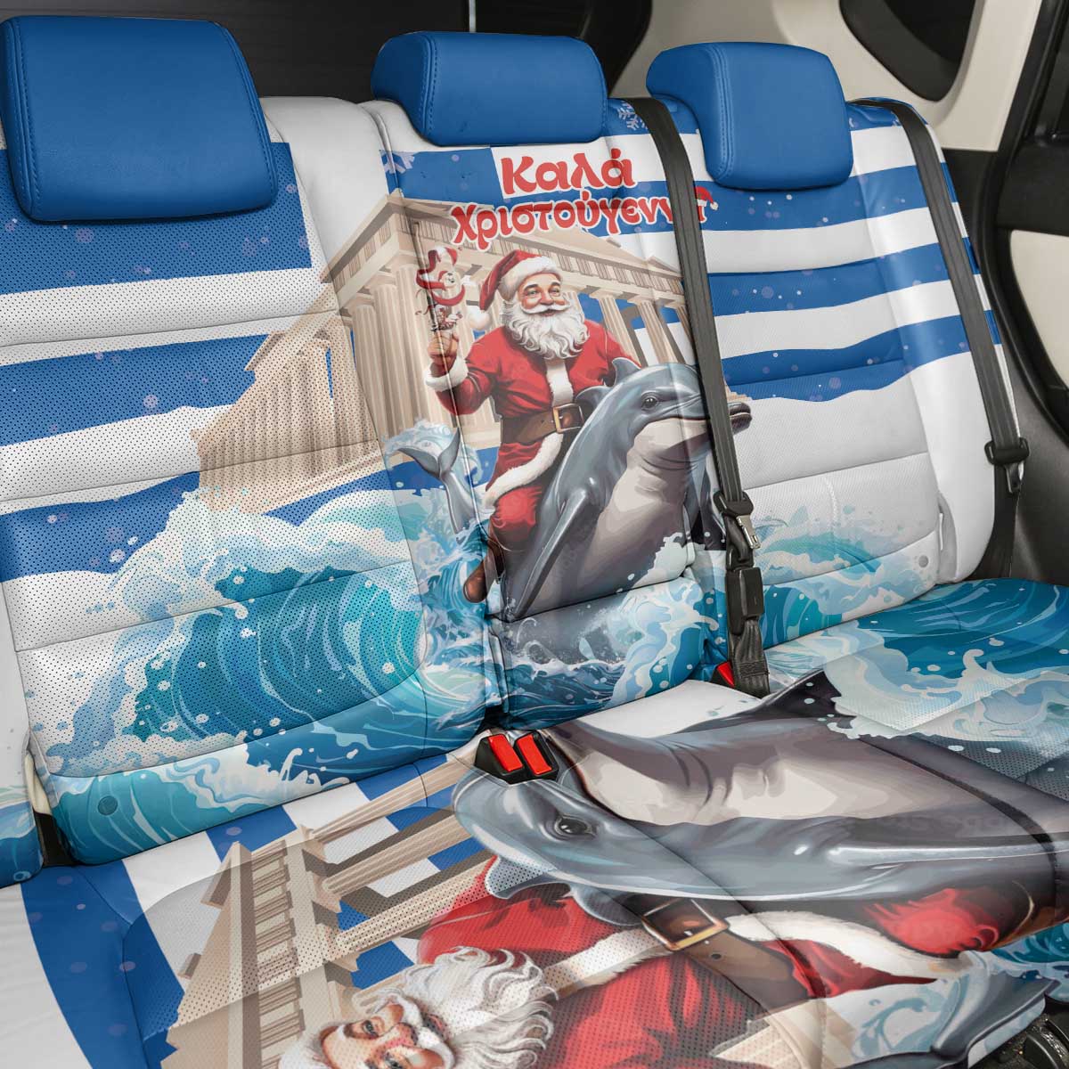 Greece Christmas Back Car Seat Cover Santa Claus Riding Dolphin - Wonder Print Shop