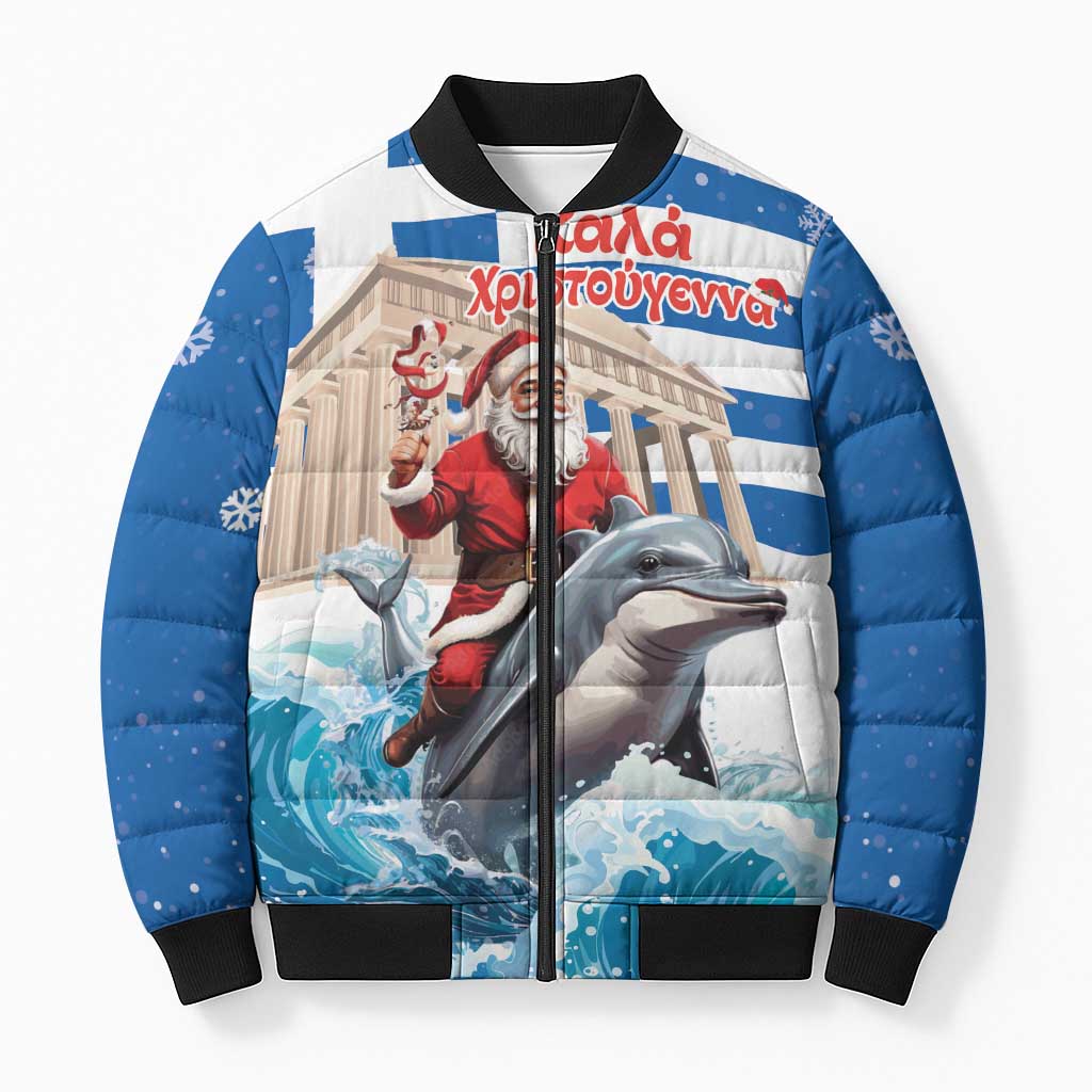 Greece Christmas Bomber Puffer Jacket Santa Claus Riding Dolphin - Wonder Print Shop
