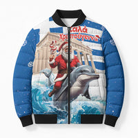 Greece Christmas Bomber Puffer Jacket Santa Claus Riding Dolphin - Wonder Print Shop