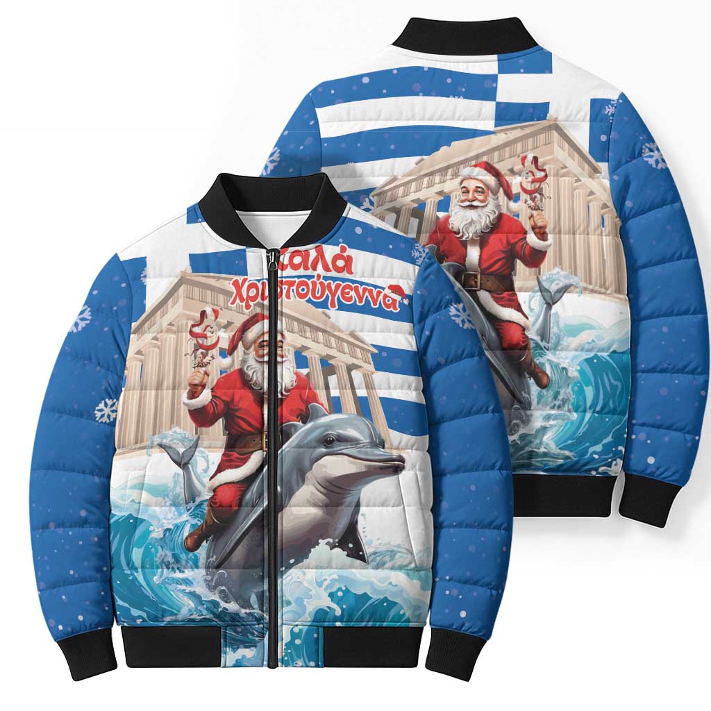 Greece Christmas Bomber Puffer Jacket Santa Claus Riding Dolphin - Wonder Print Shop