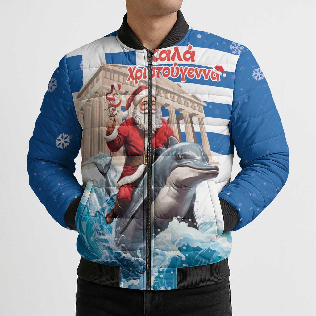 Greece Christmas Bomber Puffer Jacket Santa Claus Riding Dolphin - Wonder Print Shop