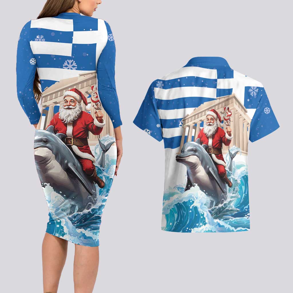Greece Christmas Couples Matching Long Sleeve Bodycon Dress and Hawaiian Shirt Santa Claus Riding Dolphin - Wonder Print Shop
