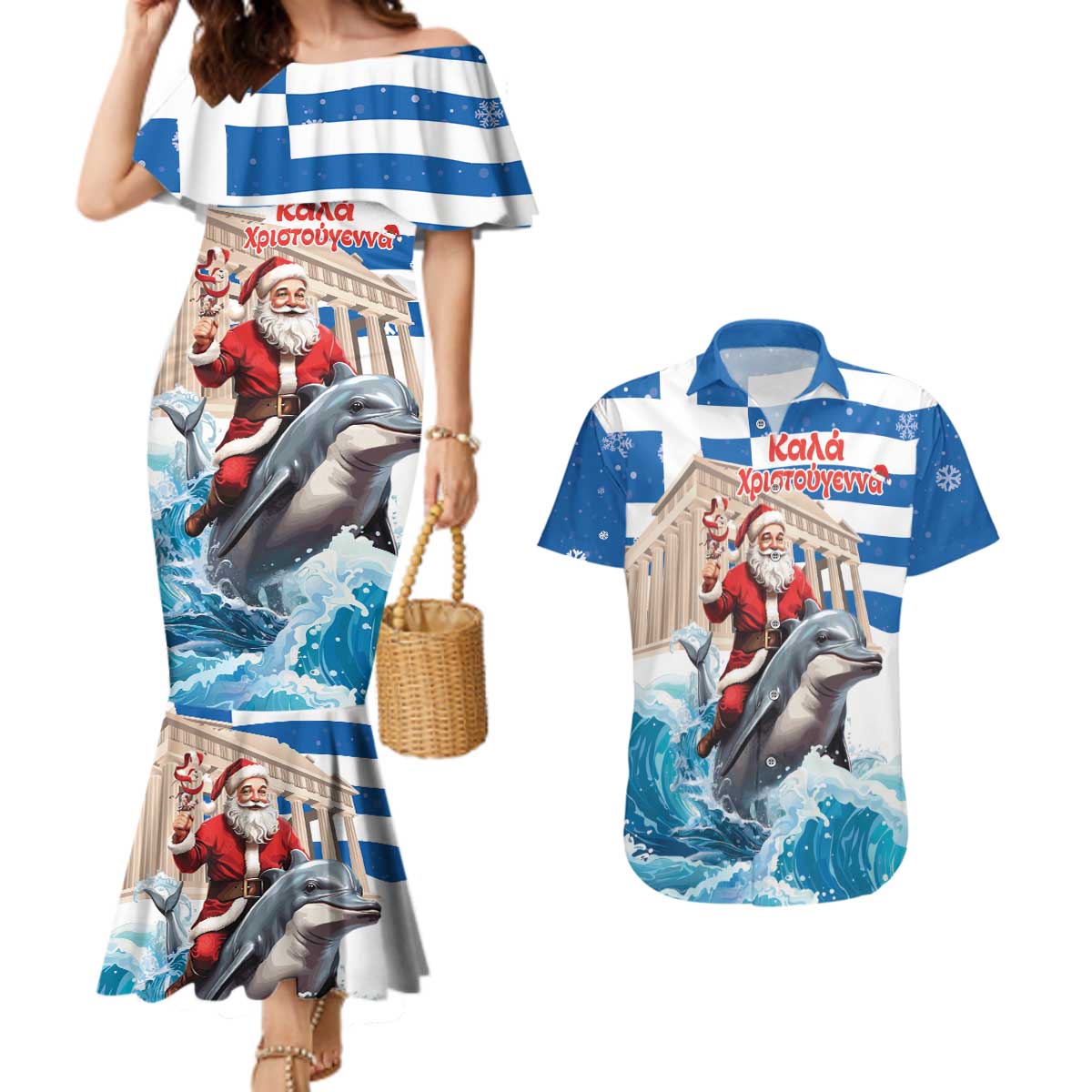 Greece Christmas Couples Matching Mermaid Dress and Hawaiian Shirt Santa Claus Riding Dolphin - Wonder Print Shop