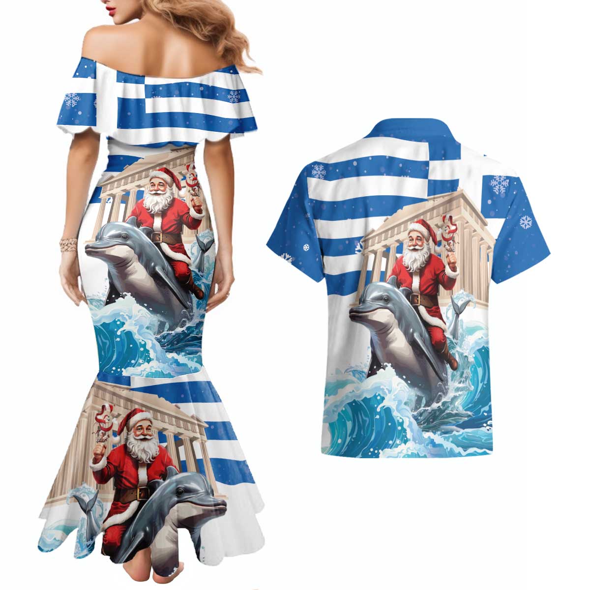 Greece Christmas Couples Matching Mermaid Dress and Hawaiian Shirt Santa Claus Riding Dolphin - Wonder Print Shop