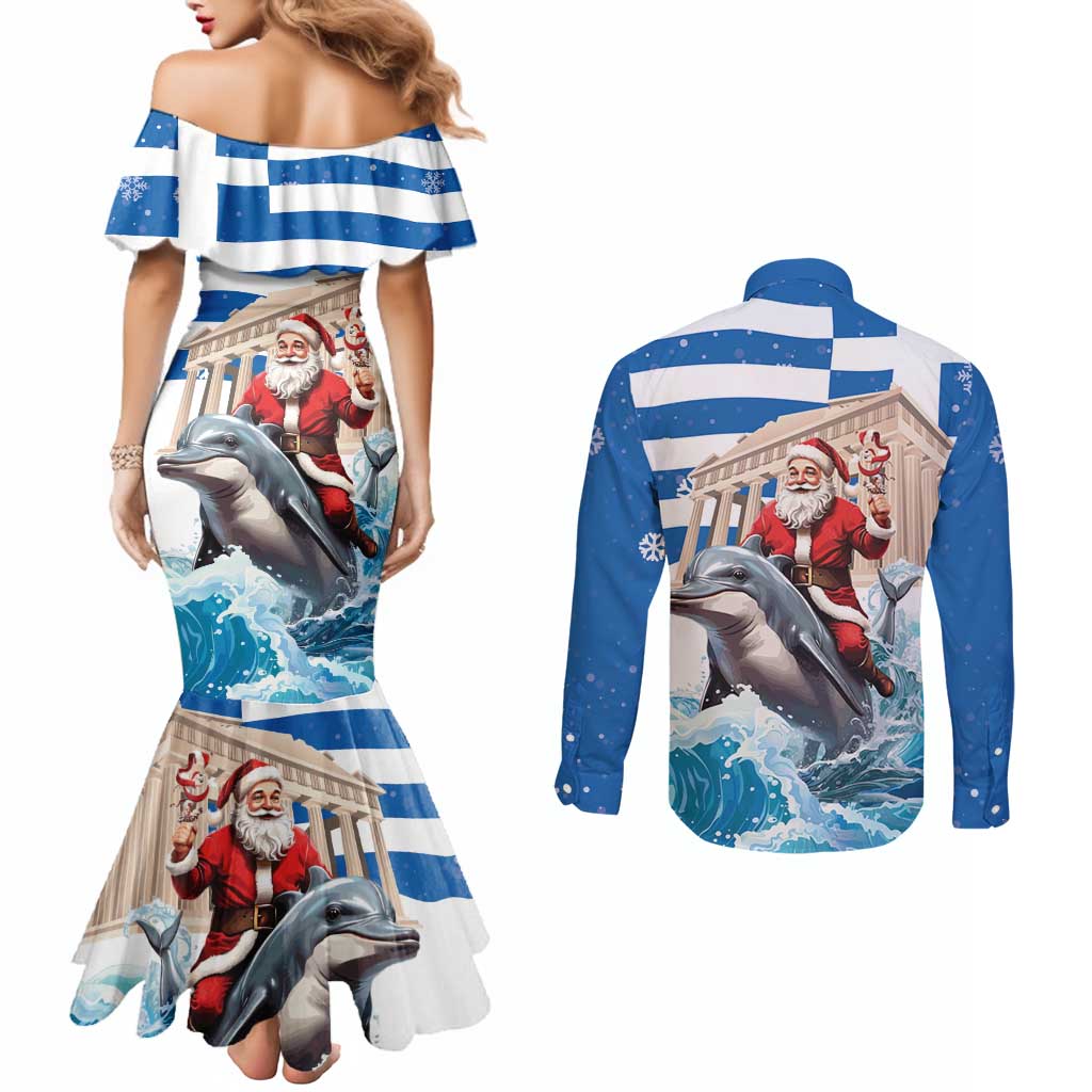 Greece Christmas Couples Matching Mermaid Dress and Long Sleeve Button Shirt Santa Claus Riding Dolphin - Wonder Print Shop