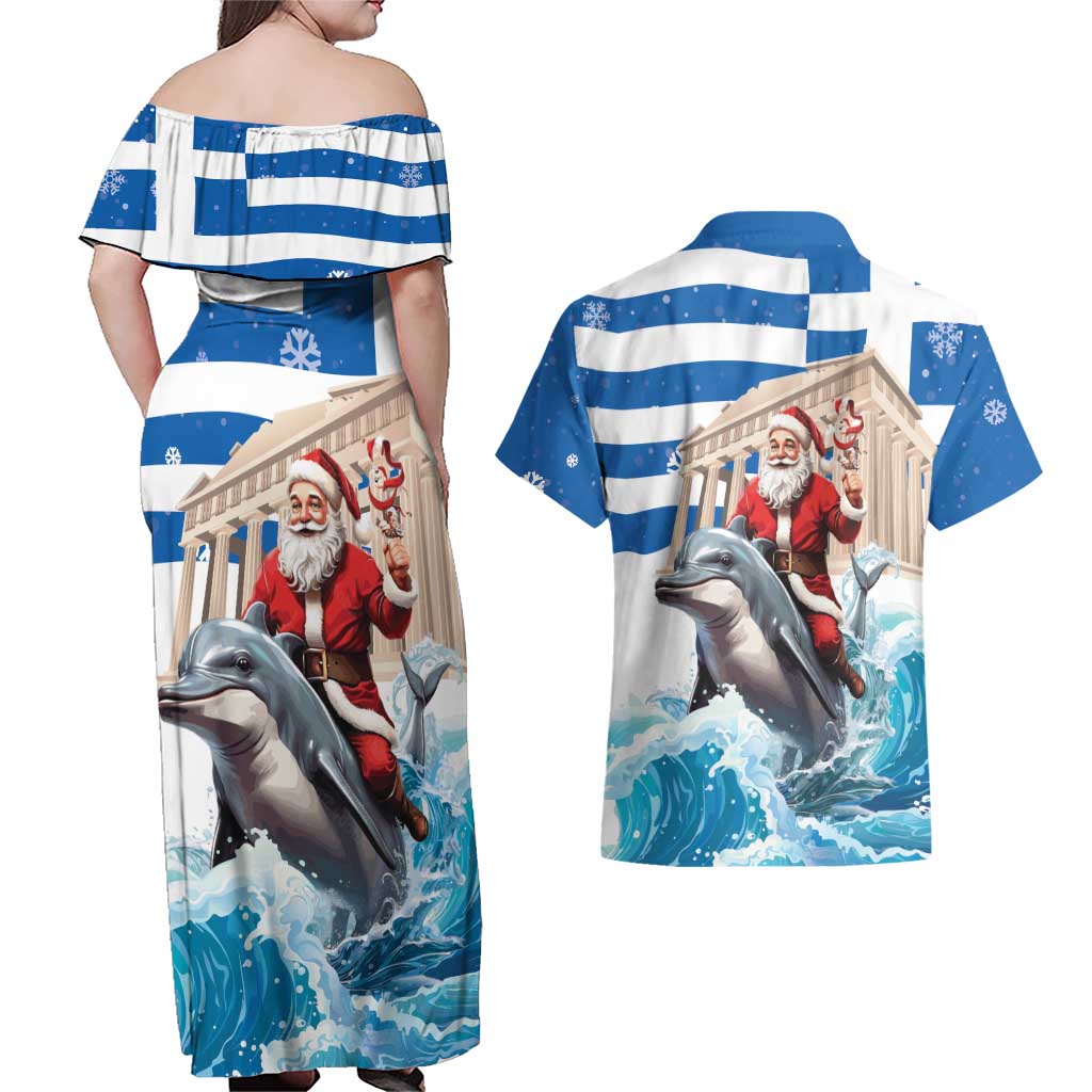 Greece Christmas Couples Matching Off Shoulder Maxi Dress and Hawaiian Shirt Santa Claus Riding Dolphin - Wonder Print Shop