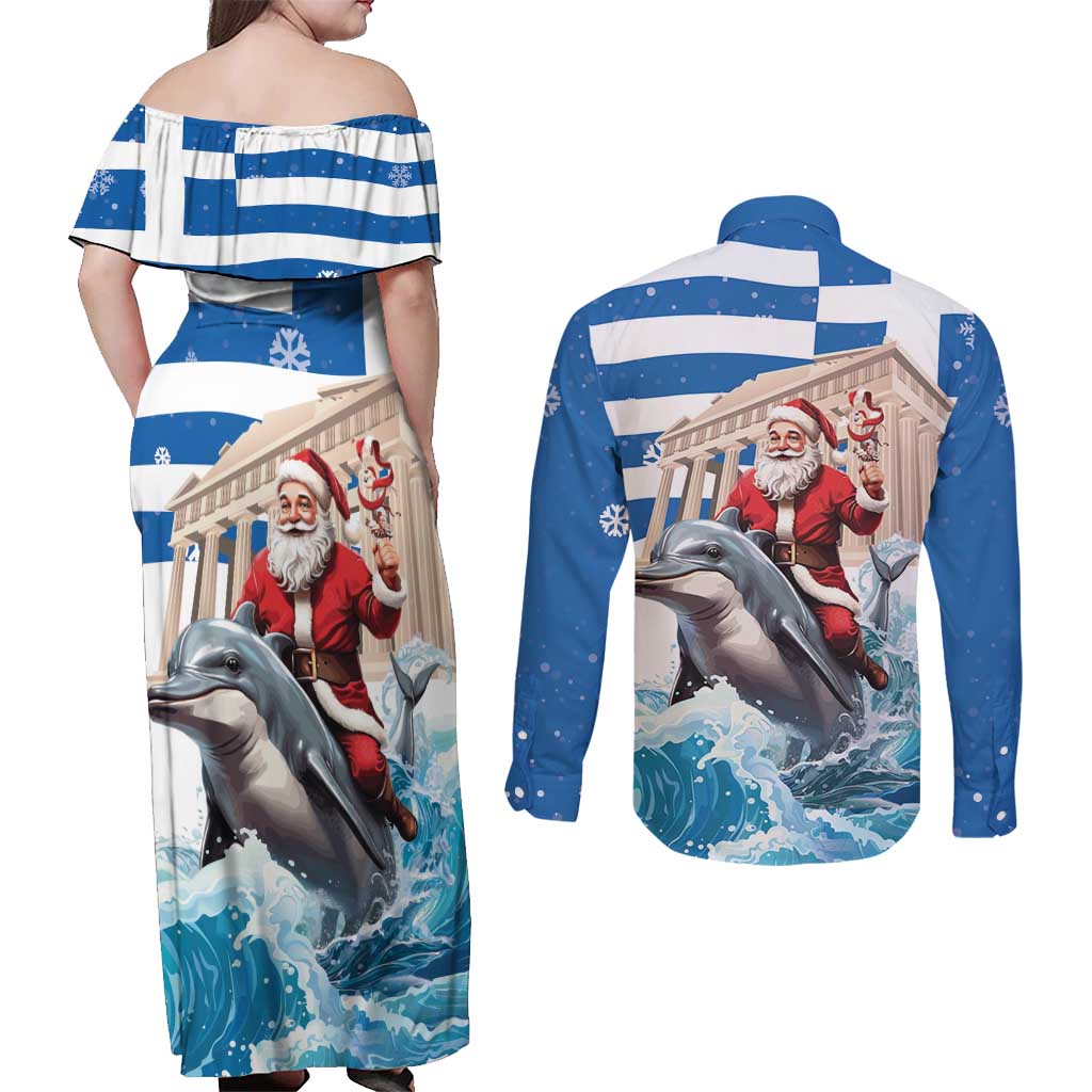 Greece Christmas Couples Matching Off Shoulder Maxi Dress and Long Sleeve Button Shirt Santa Claus Riding Dolphin - Wonder Print Shop