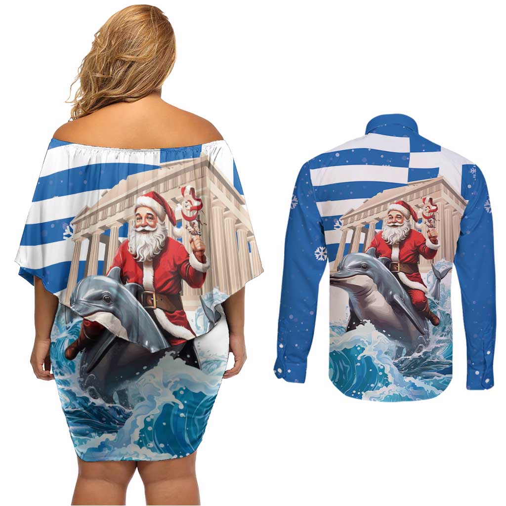 Greece Christmas Couples Matching Off Shoulder Short Dress and Long Sleeve Button Shirt Santa Claus Riding Dolphin - Wonder Print Shop